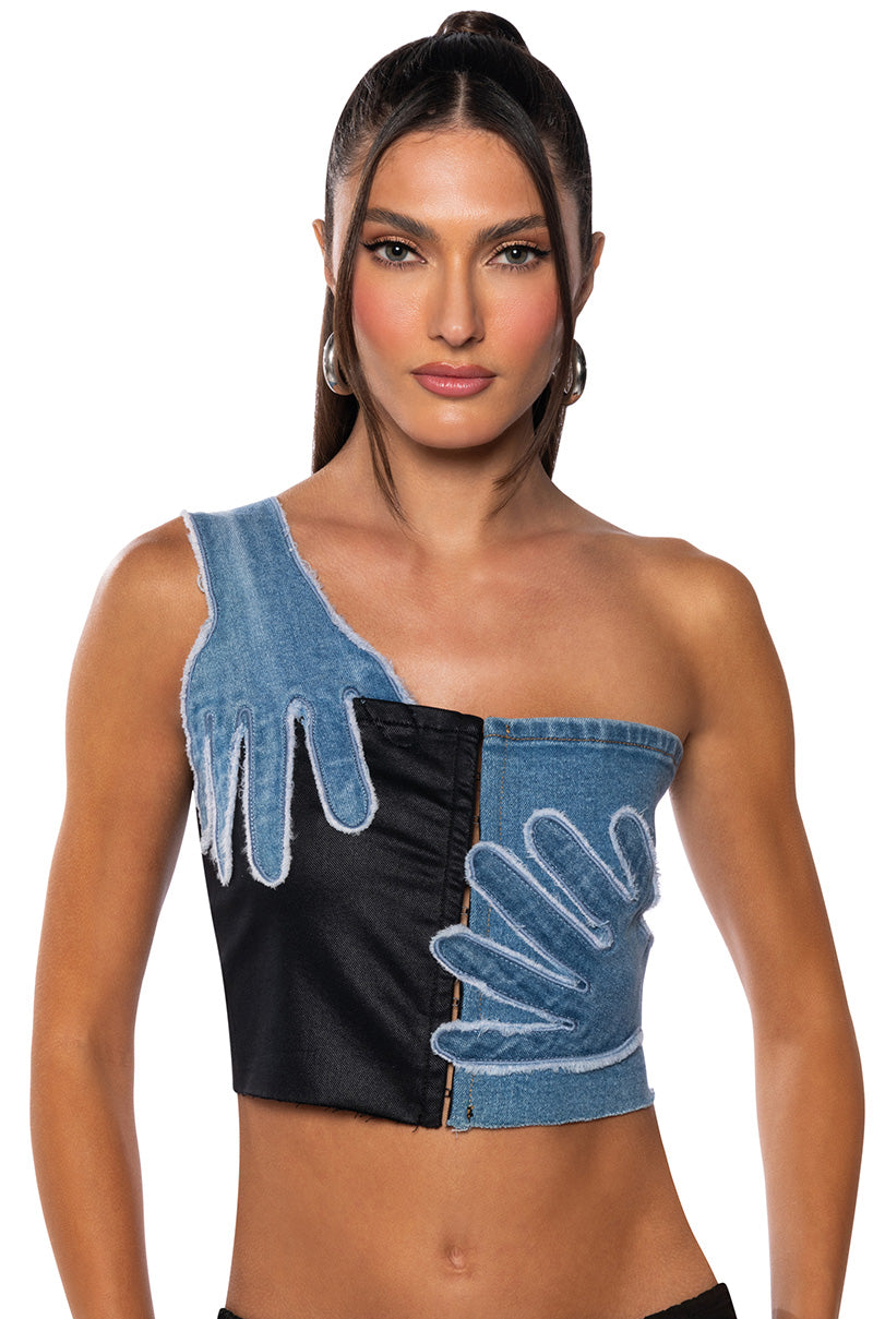 Front View Breaking Chains Two Toned Pu Denim Top