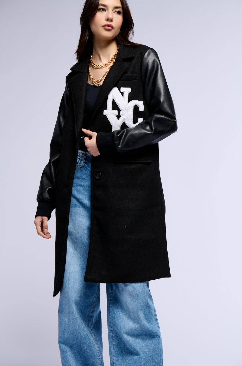 Side View Brentwood Varsity Trench Jacket In Black
