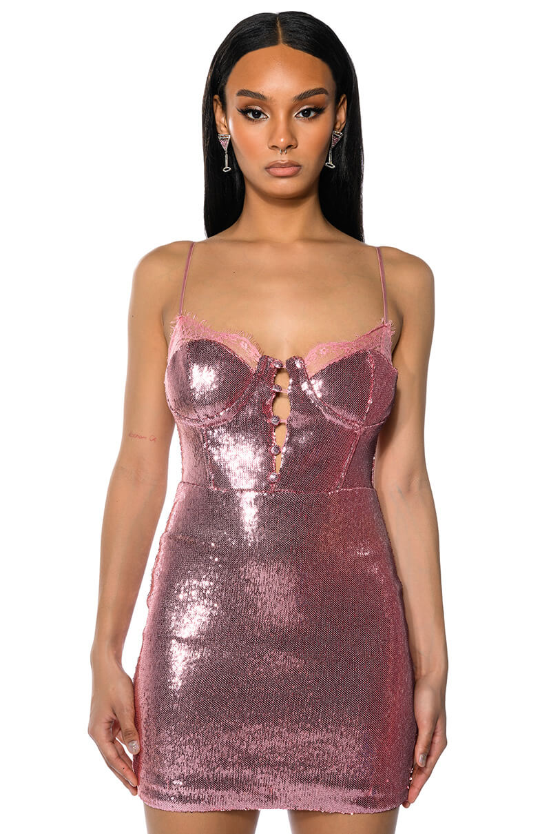 Front View Briella Sequin Spaghetti Strap Mini Dress