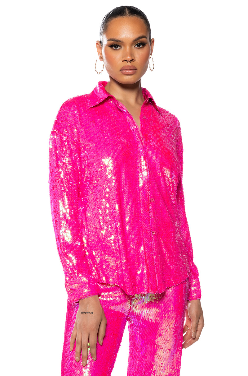 Side View Bright Bright Pink Sequin Shirt