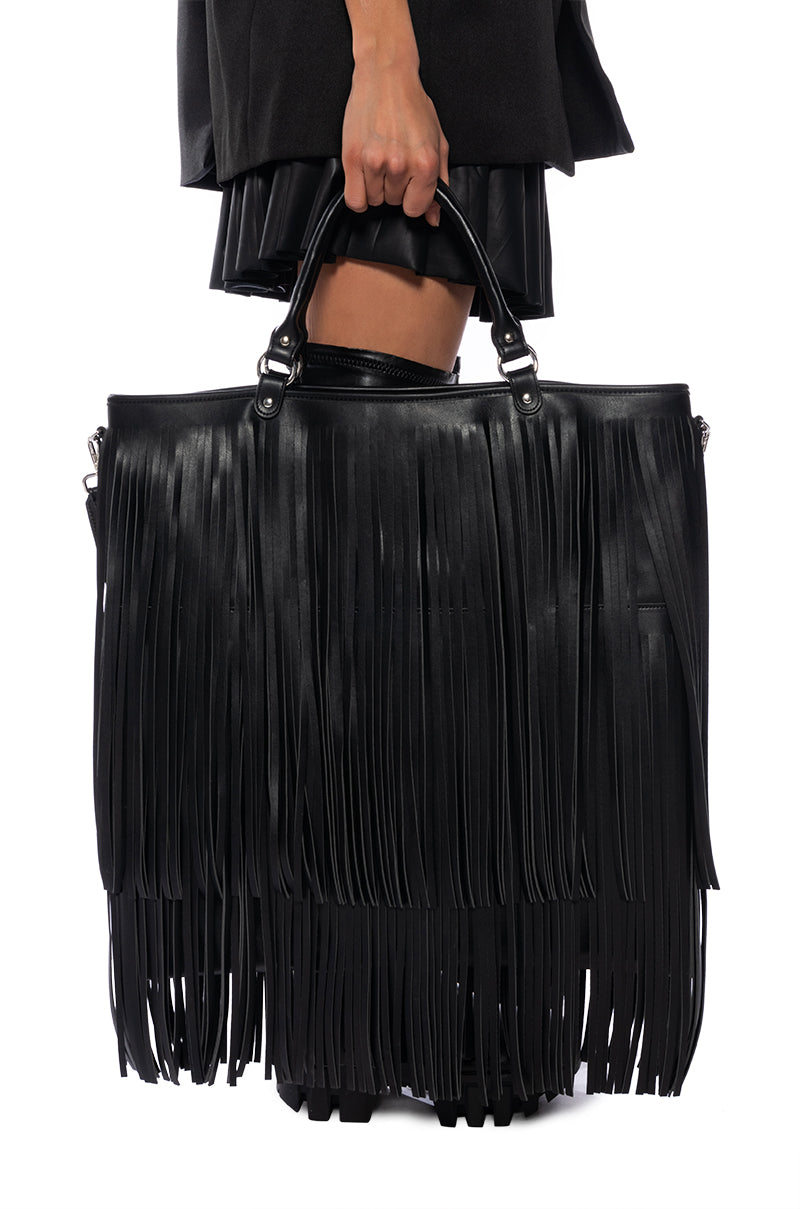 Front View Bring The Action Oversized Faux Leather Fringe Tote