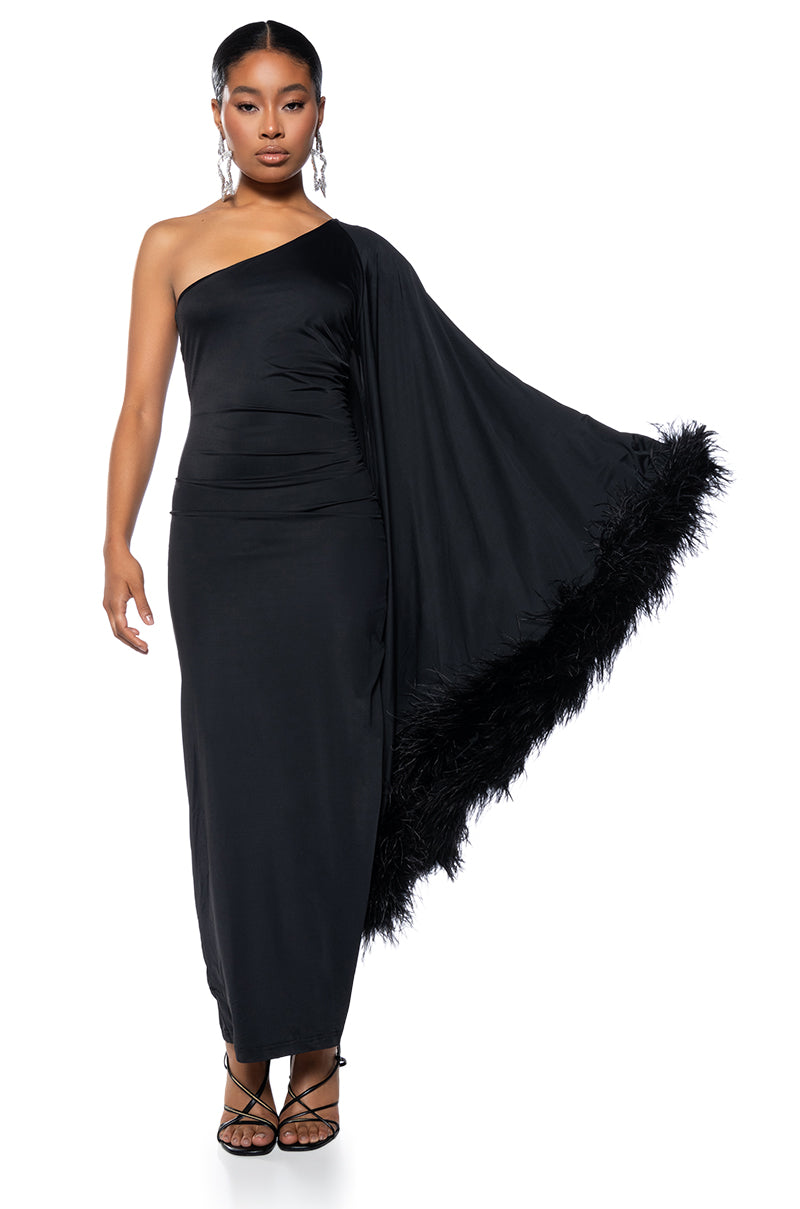Side View Bring The Drama One Sleeve Feather Dress