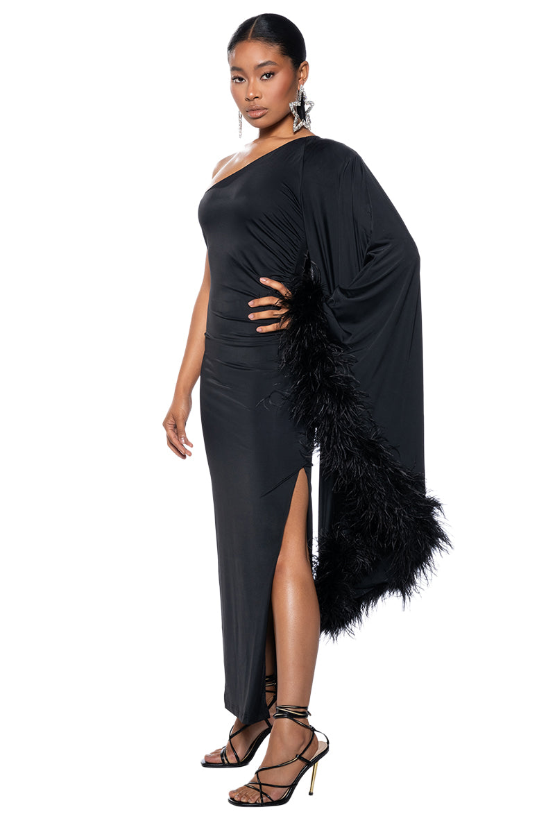aurora asymmetric draped black feather dress bcbg black feather dress AURORA ASYMMETRIC DRAPED BLACK FEATHER DRESS