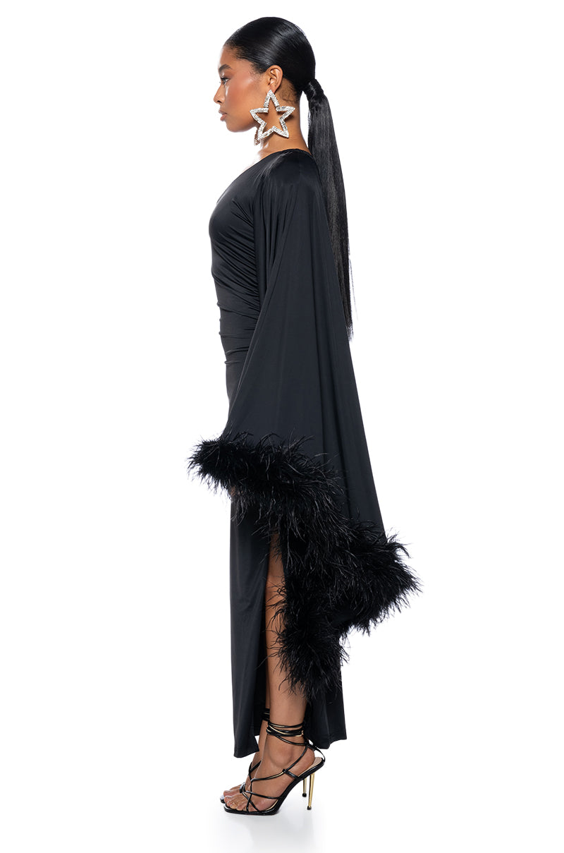 Detail View Bring The Drama One Sleeve Feather Dress