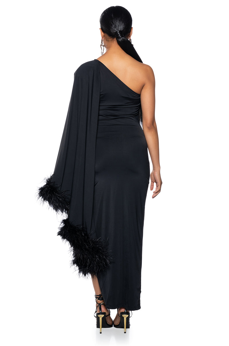 Extra View Bring The Drama One Sleeve Feather Dress