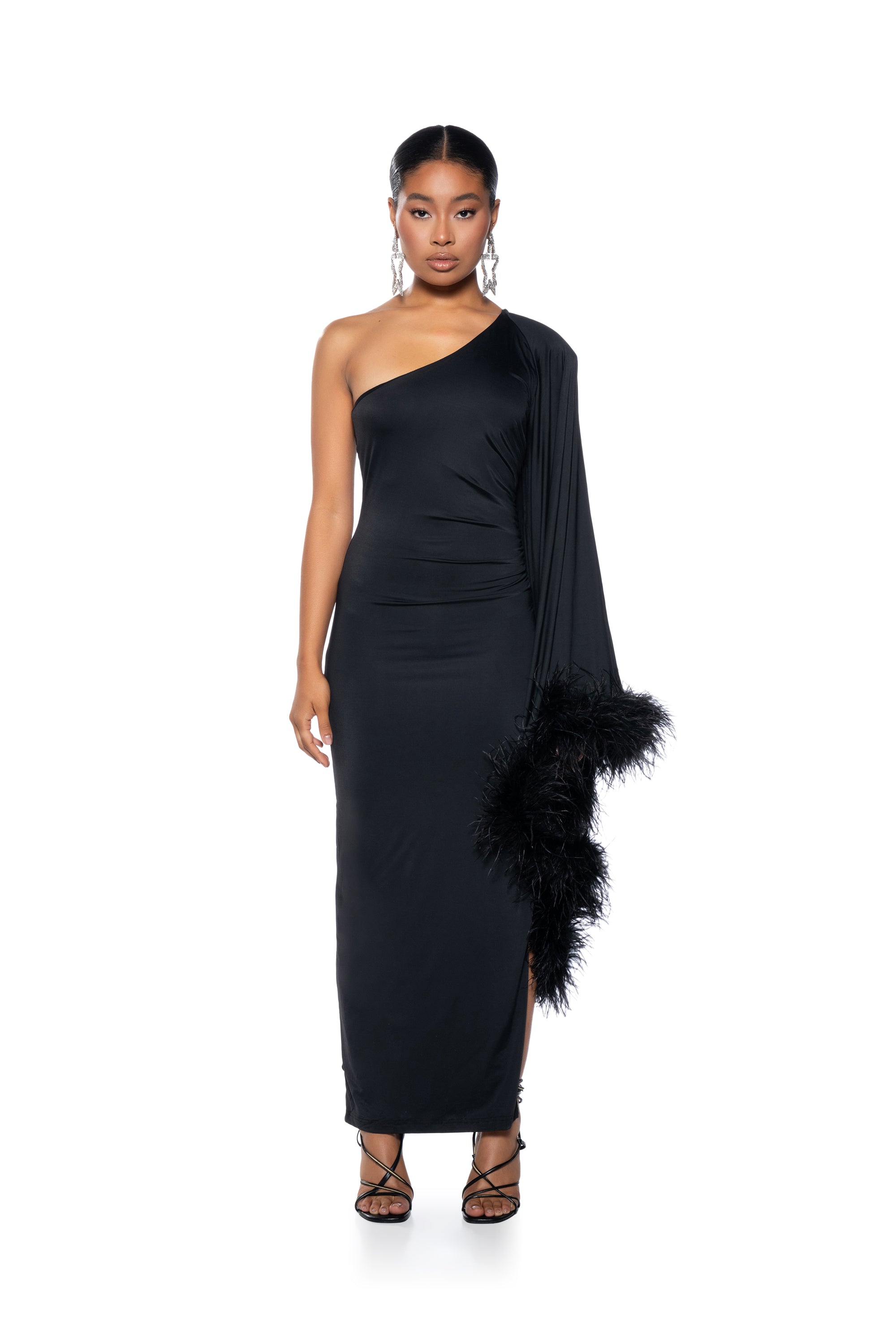 Extra View Bring The Drama One Sleeve Feather Dress