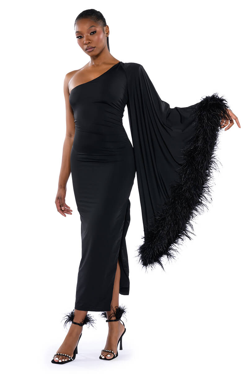 Front View Bring The Drama One Sleeve Feather Maxi Dress