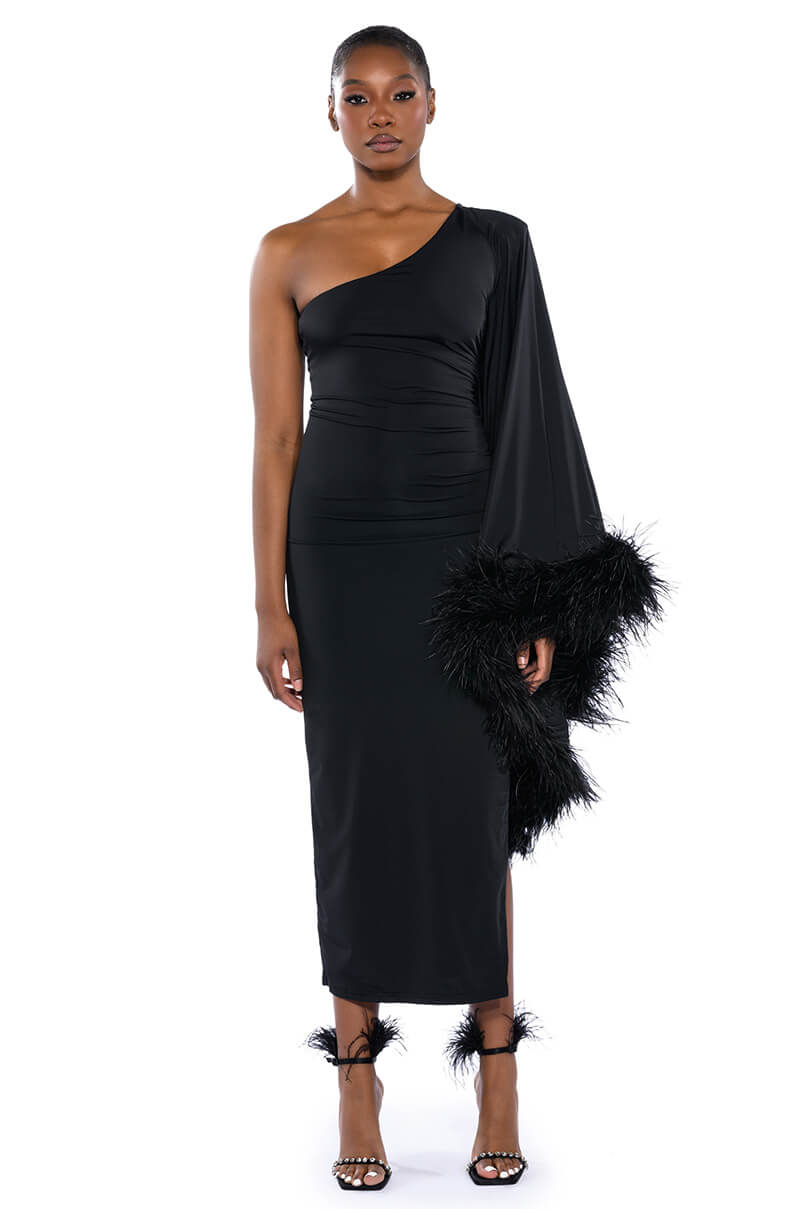 Side View Bring The Drama One Sleeve Feather Maxi Dress