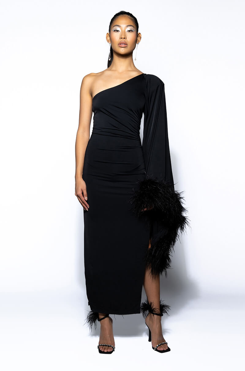 Back View Bring The Drama One Sleeve Feather Maxi Dress