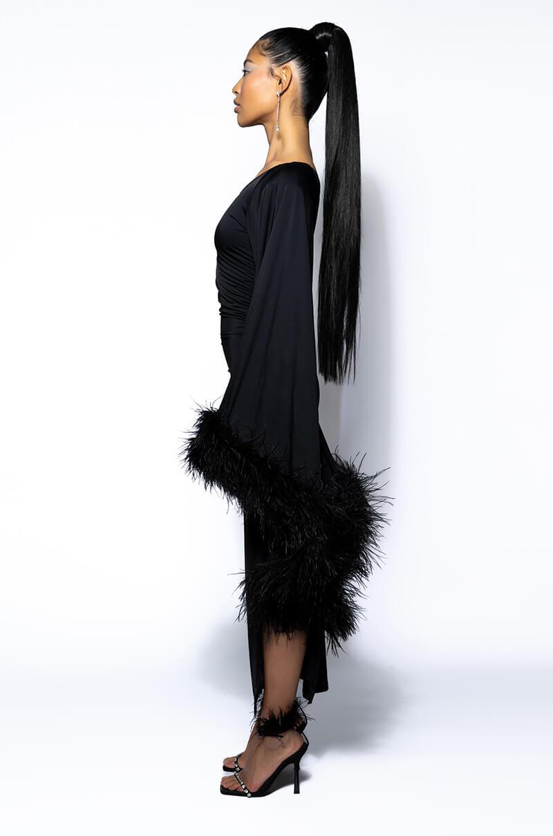 Detail View Bring The Drama One Sleeve Feather Maxi Dress