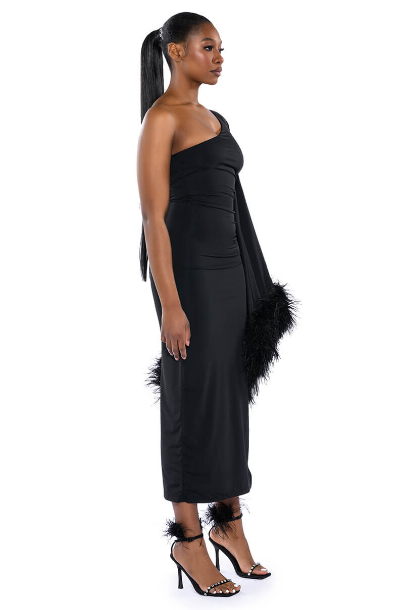 Detail View Bring The Drama One Sleeve Feather Maxi Dress