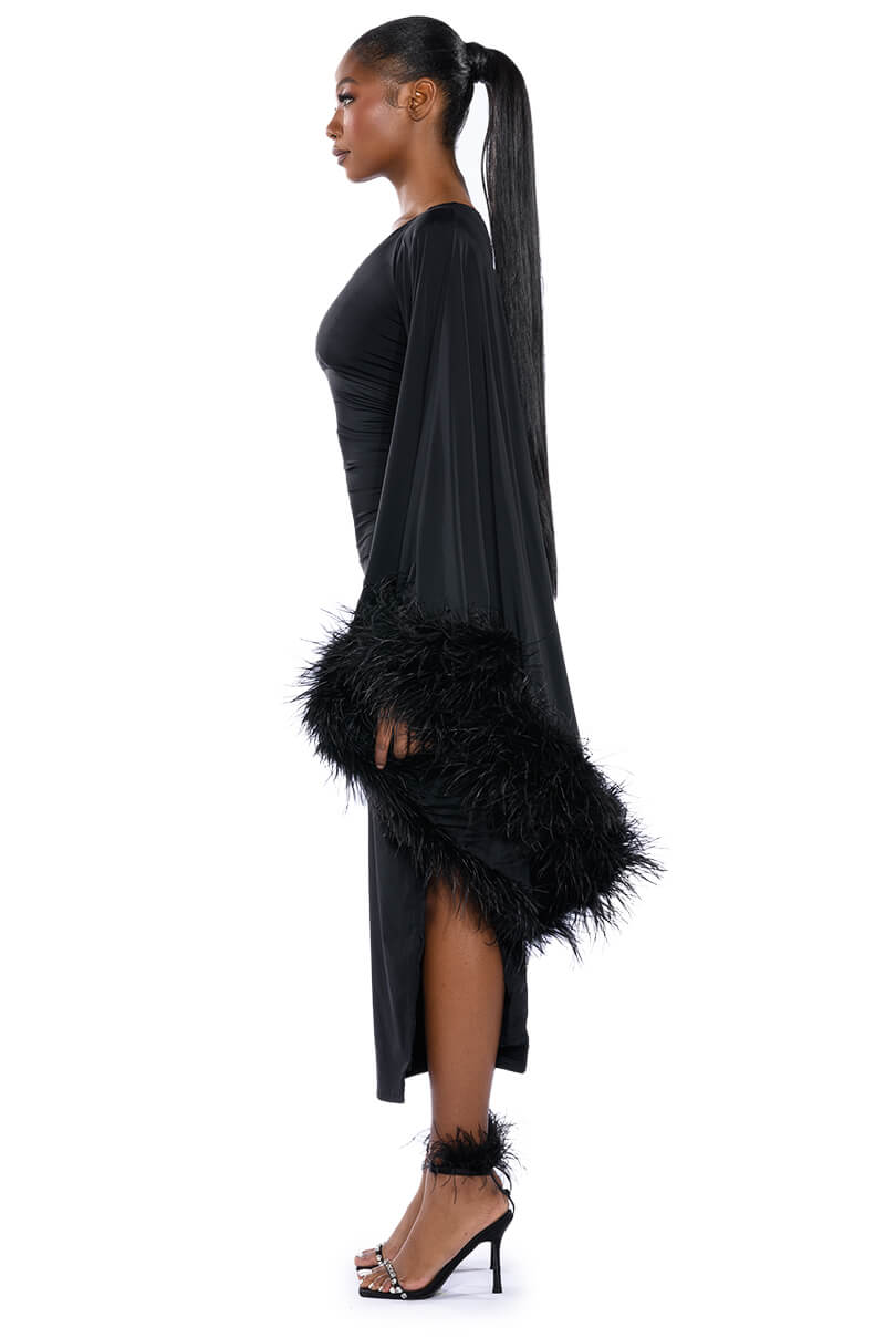BRING THE DRAMA ONE SLEEVE FEATHER DRESS AKIRA BRING THE DRAMA ONE SLEEVE FEATHER DRESS AKIRA