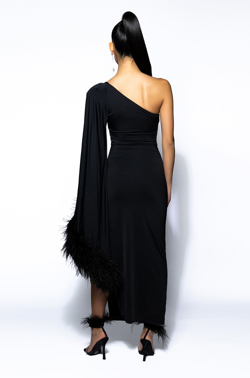 Extra View Bring The Drama One Sleeve Feather Maxi Dress