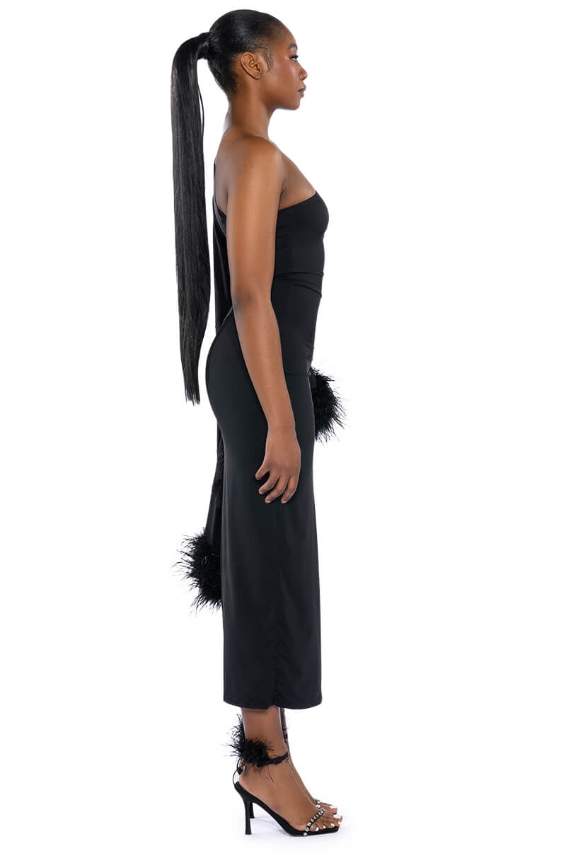 BRING THE DRAMA ONE SLEEVE FEATHER DRESS AKIRA BRING THE DRAMA ONE SLEEVE FEATHER DRESS AKIRA