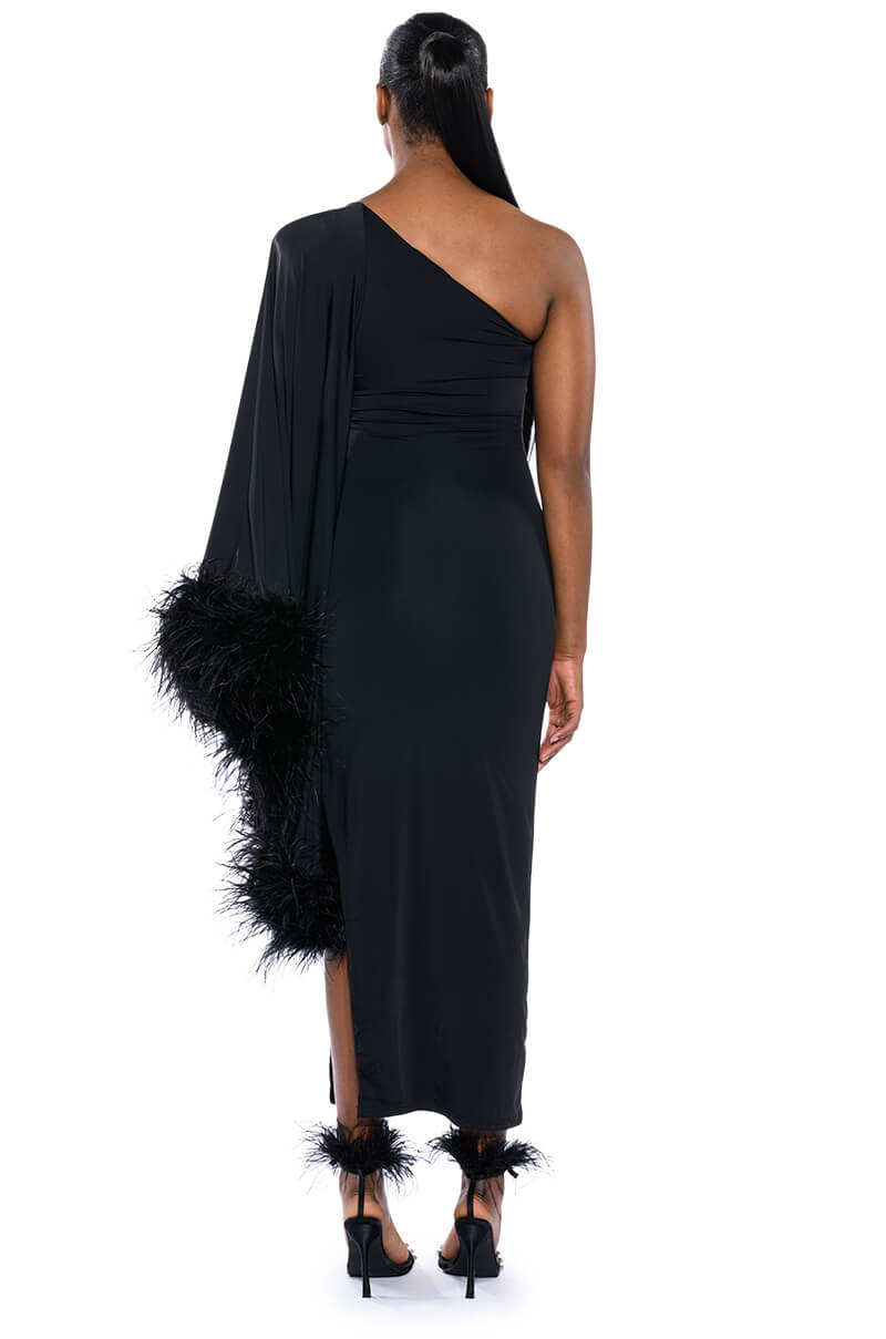 Extra View Bring The Drama One Sleeve Feather Maxi Dress