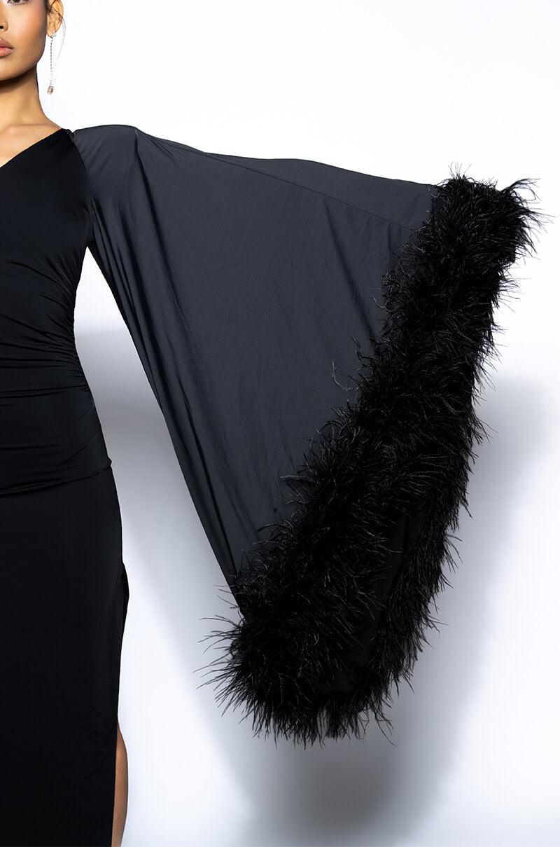 Extra View Bring The Drama One Sleeve Feather Maxi Dress