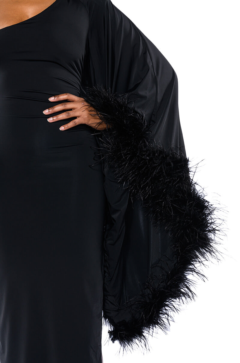 Extra View Bring The Drama One Sleeve Feather Maxi Dress
