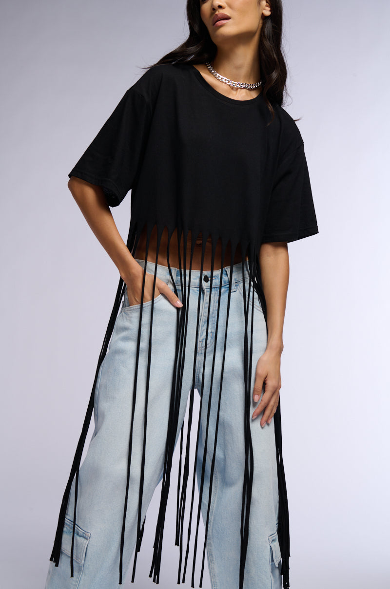Front View Bring The Fun Fringe Tshirt In Black 0