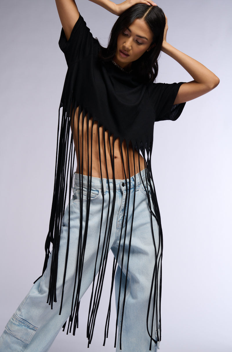 Side View Bring The Fun Fringe Tshirt In Black 1