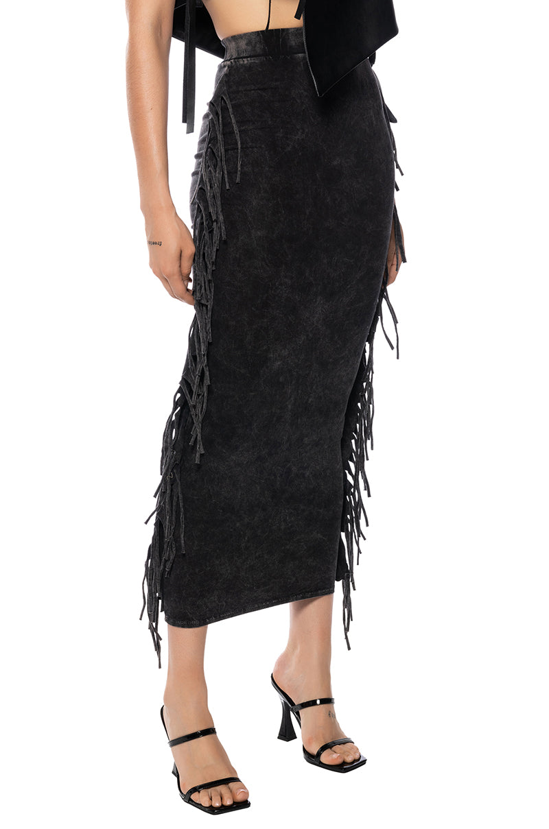 Front View Britt Fringe Detail Maxi Skirt