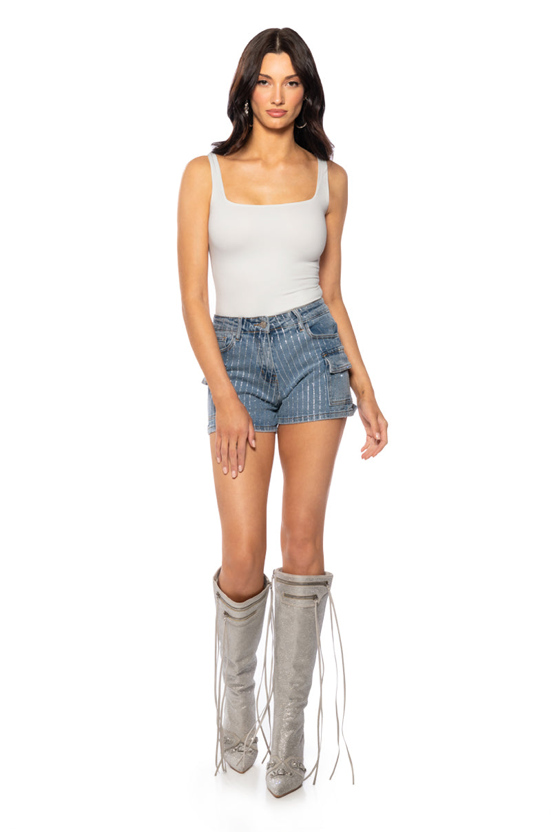 Back View Brittni Rhinestone Cargo Denim Short