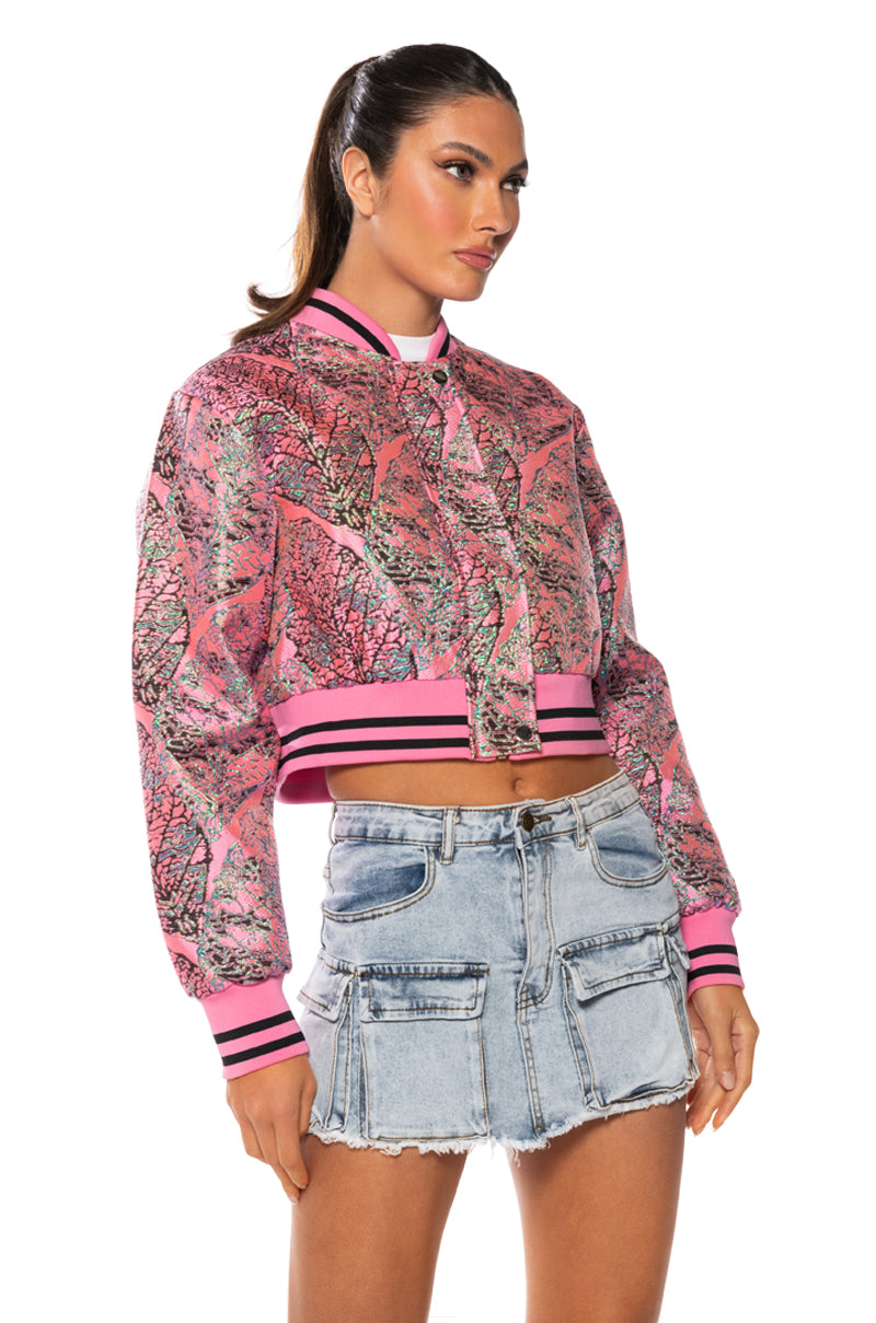 Side View Brocade Tapestry Spring Bomber