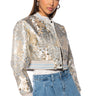 Front View Brocade Tapestry Varsity Bomber In Blue Multi