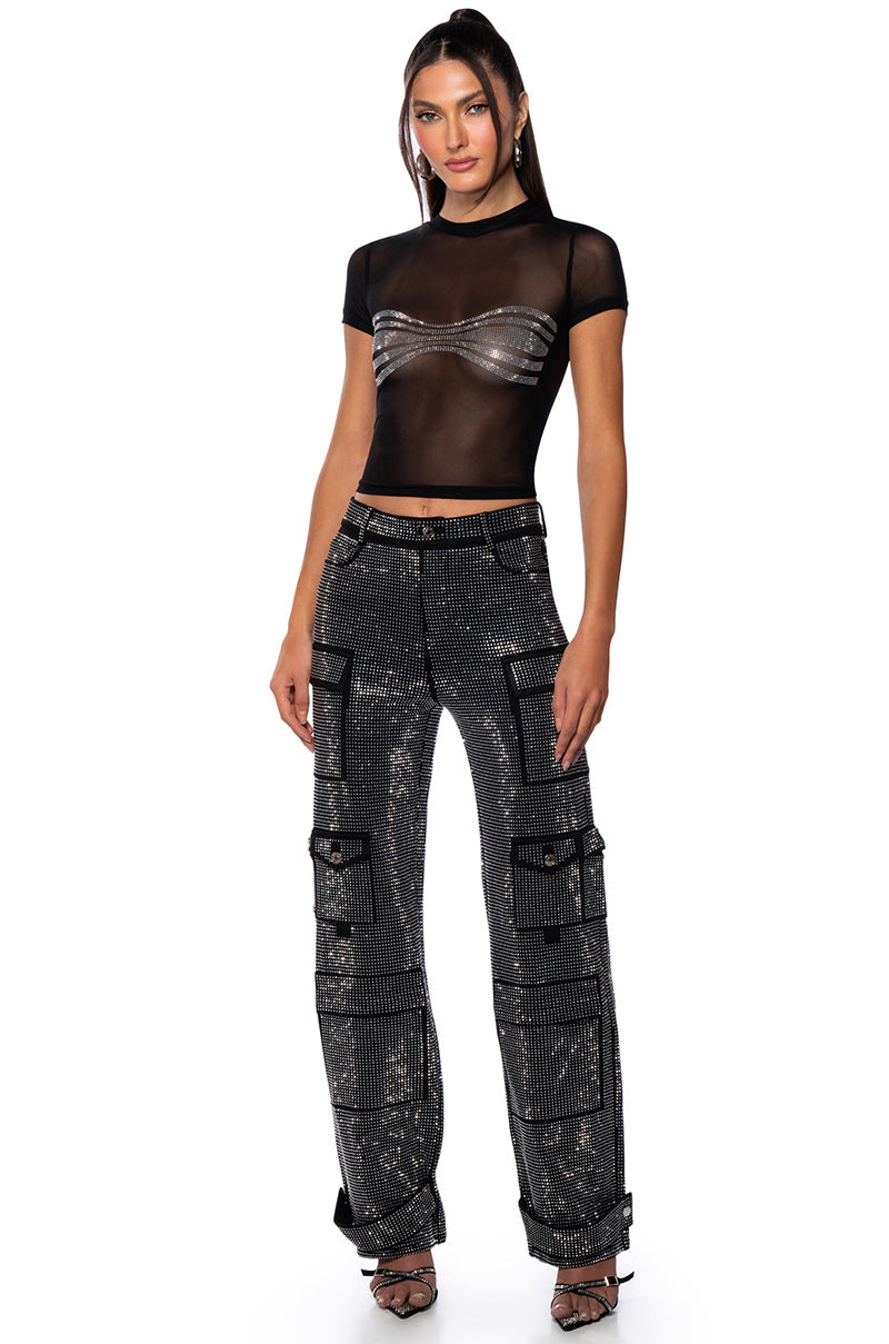 Side View Brooklyn Embellished Mesh Crop T Shirt