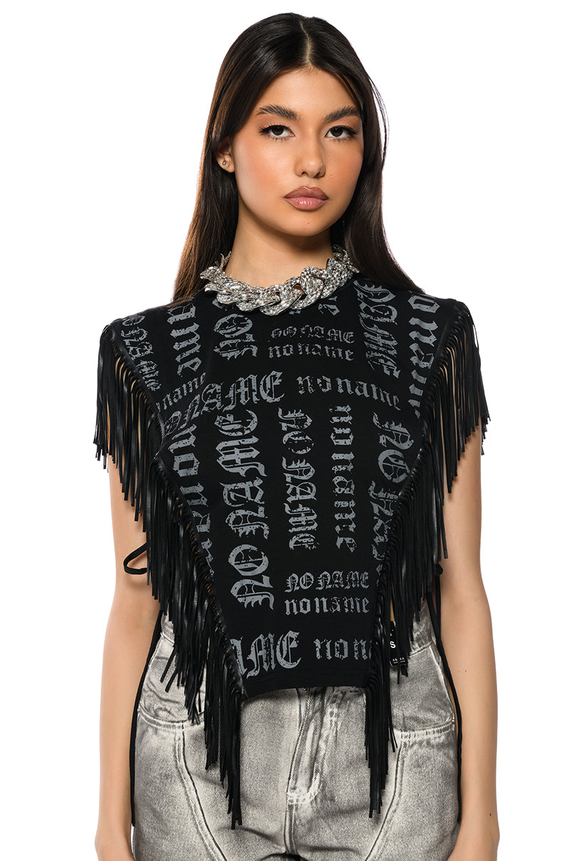 BROOKLYN GRAPHIC PRINTED FRINGE TRIM TSHIRT view 0