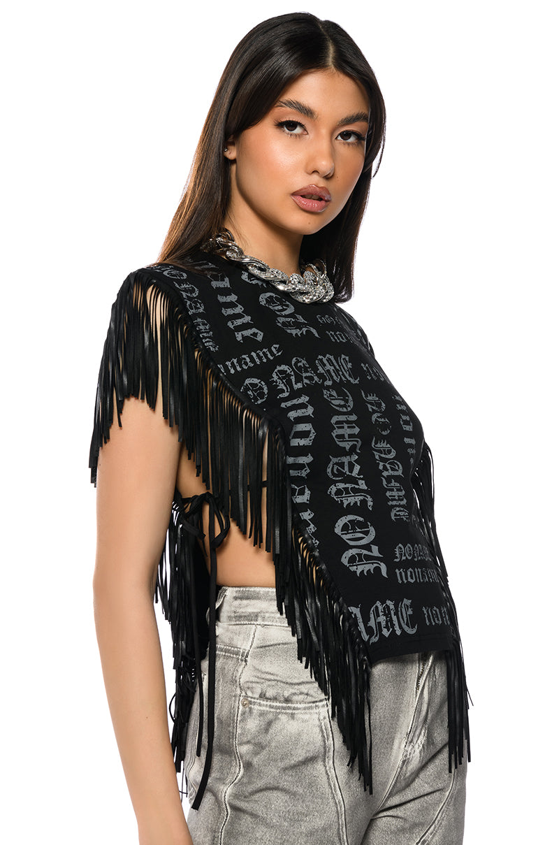 Side View Brooklyn Graphic Open Sides Fringe Trim Tshirt