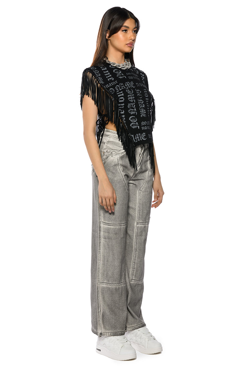 Back View Brooklyn Graphic Open Sides Fringe Trim Tshirt