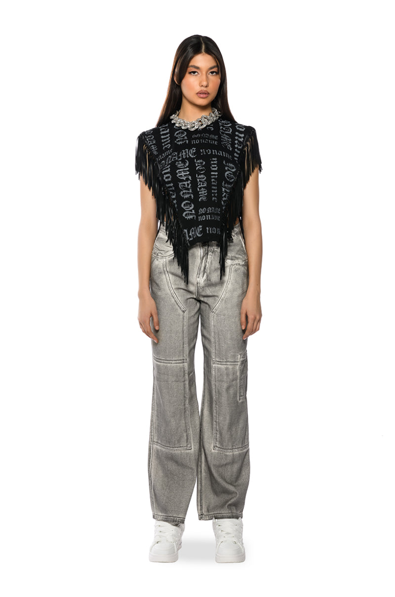 Detail View Brooklyn Graphic Open Sides Fringe Trim Tshirt