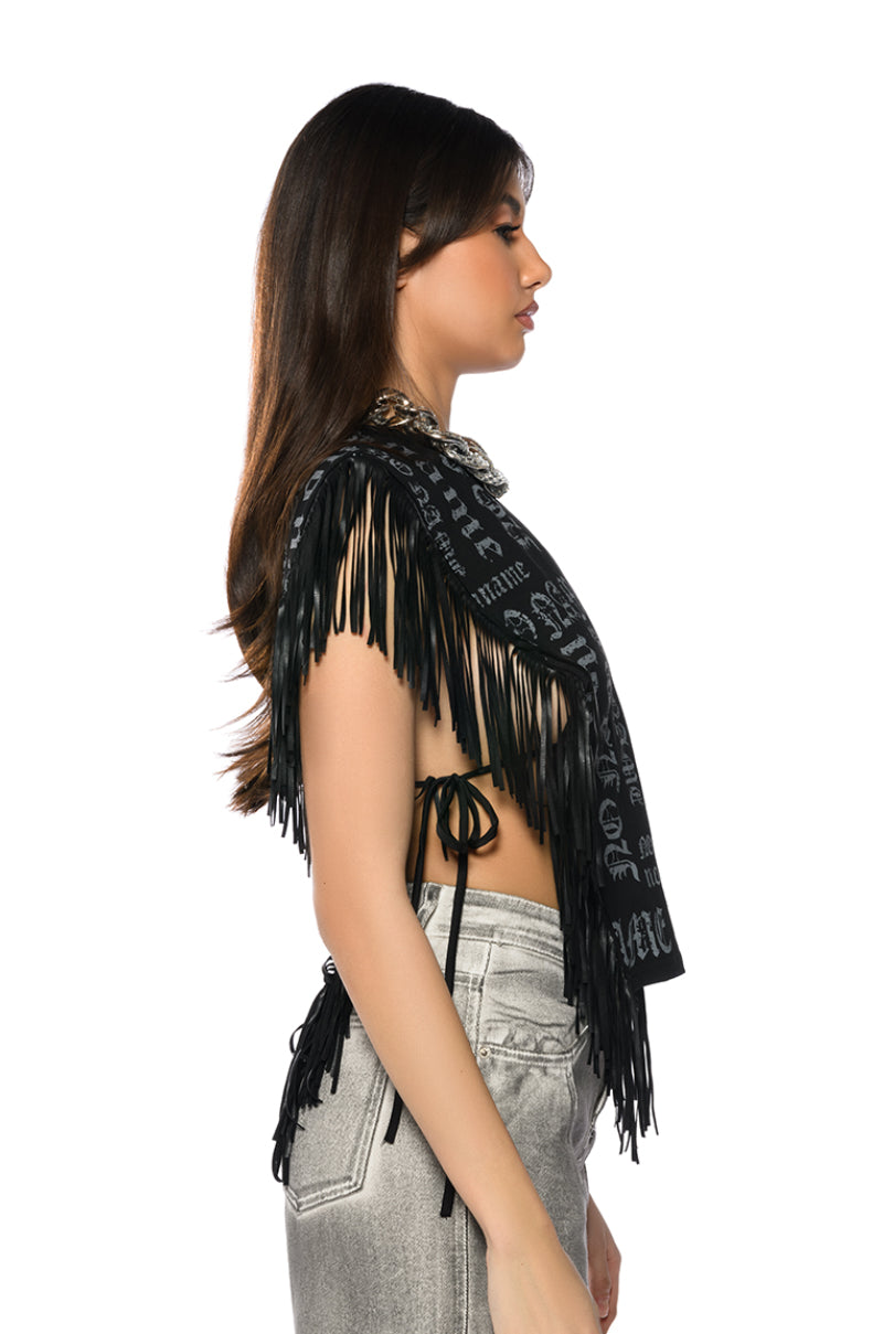 Full View Brooklyn Graphic Open Sides Fringe Trim Tshirt