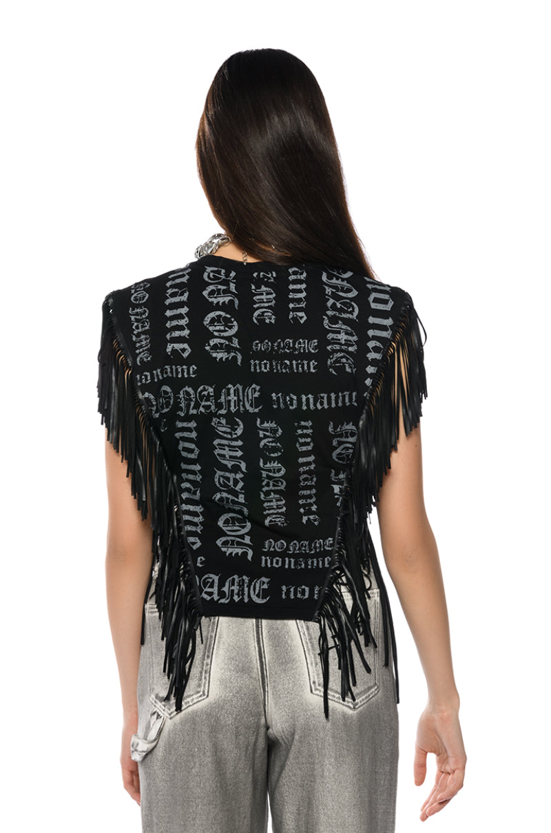 Extra View Brooklyn Graphic Open Sides Fringe Trim Tshirt