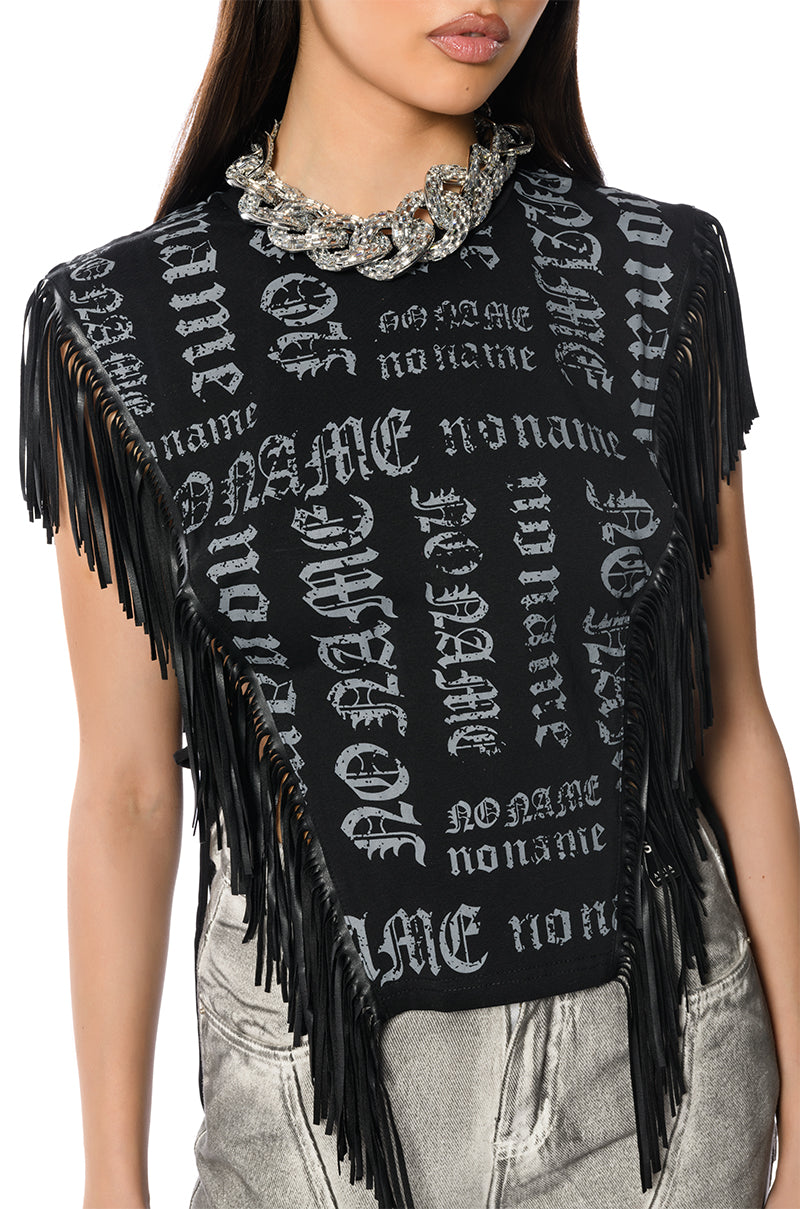 Extra View Brooklyn Graphic Open Sides Fringe Trim Tshirt