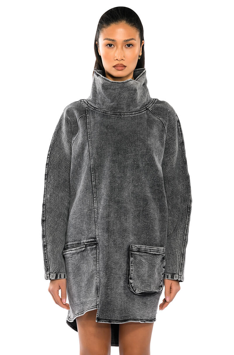 Front View Brooklyn Mock Neck Denim Shift Dress 9