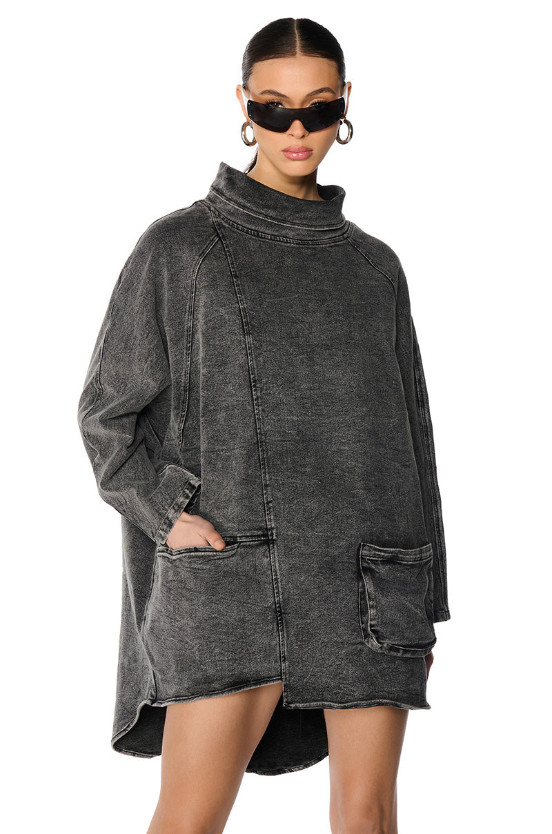 Front View Brooklyn Mock Neck Denim Shift Dress 0