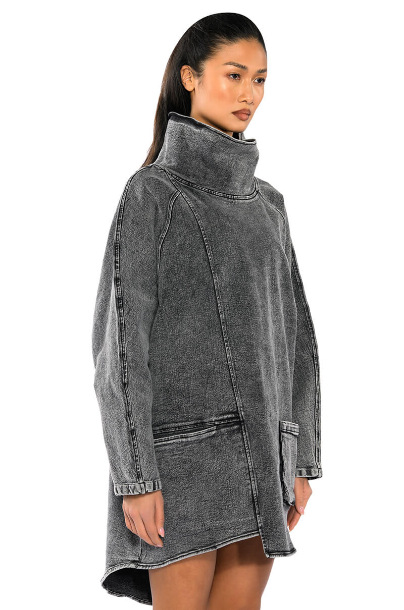 Side View Brooklyn Mock Neck Denim Shift Dress 10