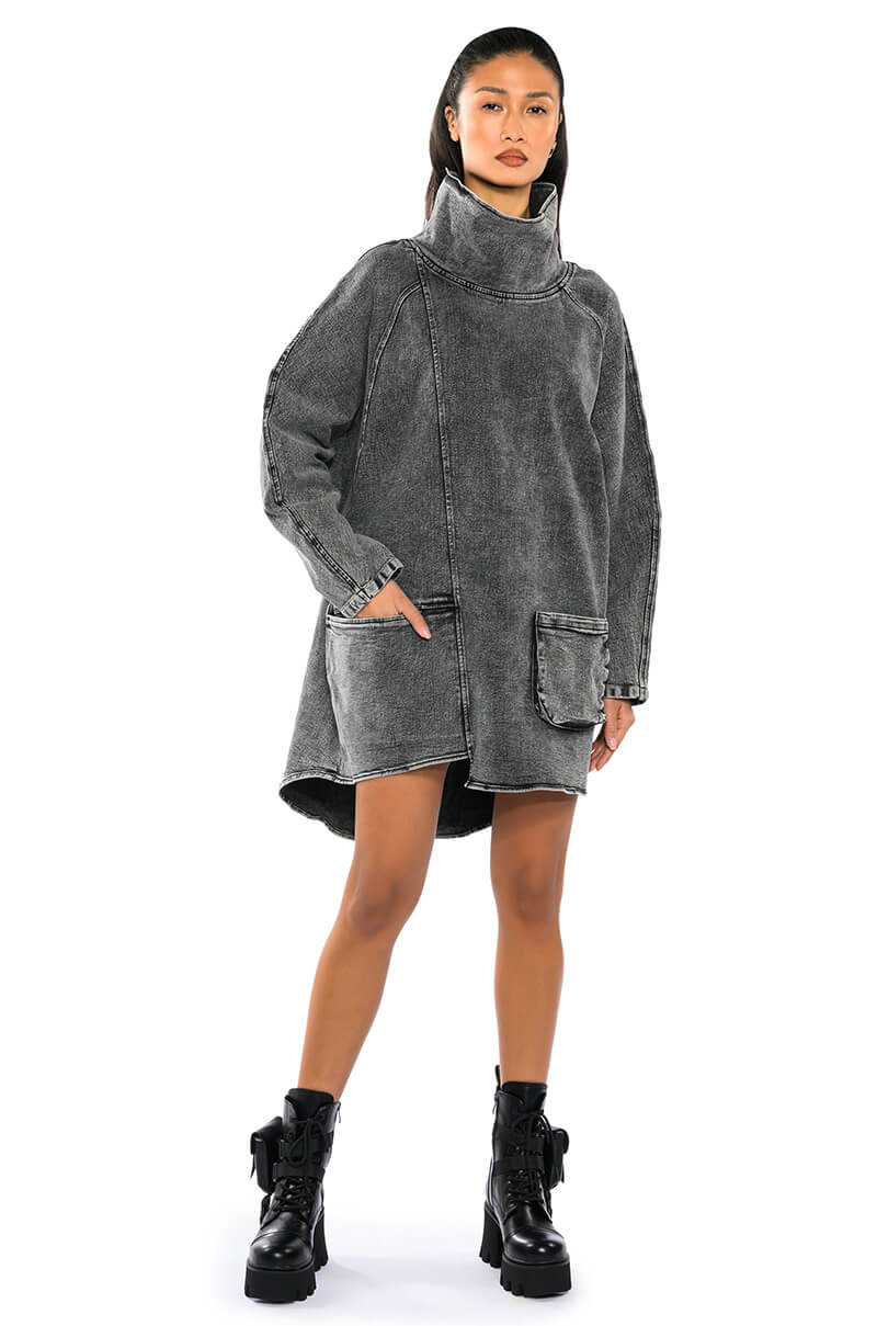 Back View Brooklyn Mock Neck Denim Shift Dress 11