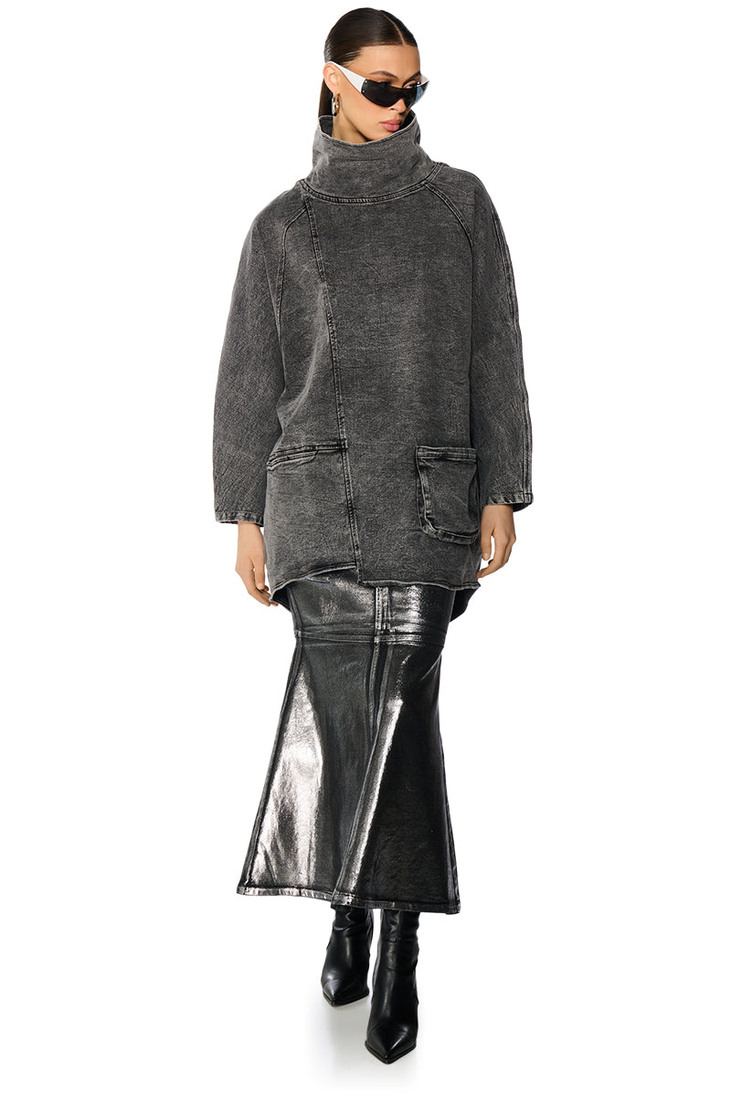 Back View Brooklyn Mock Neck Denim Shift Dress 2