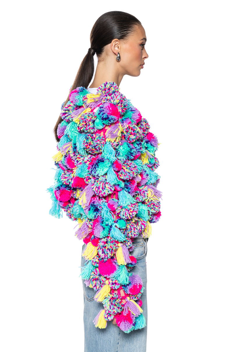 Full View Bubblegum Pop Pom Pom Cardigan