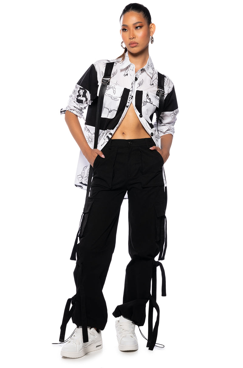 Full View Buckle Up Graphic Cargo Button Down