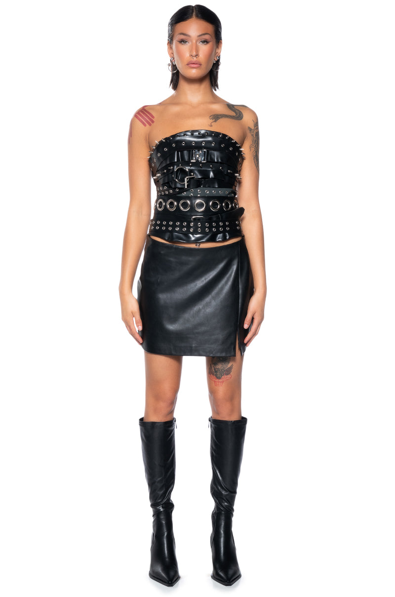 Extra View Buckled Up Faux Leather Spiked Corset Top
