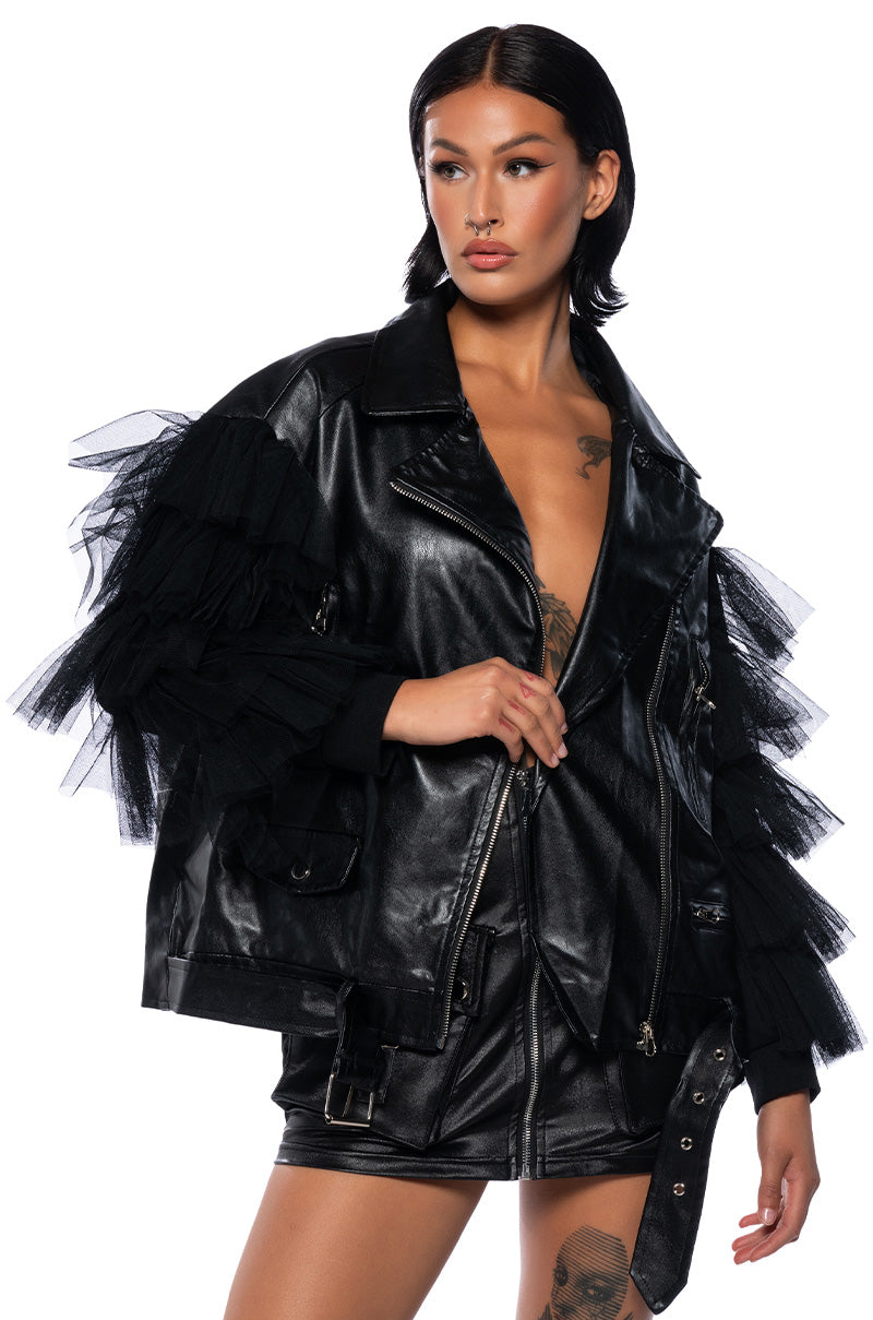 Front View Burning Love Ruffle Moto Jacket