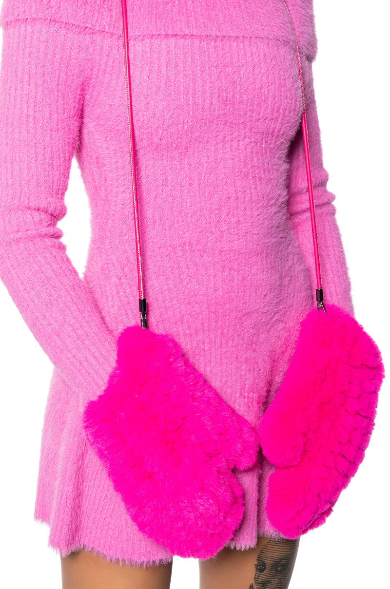 Front View Burrr Corded Faux Fur Mittens