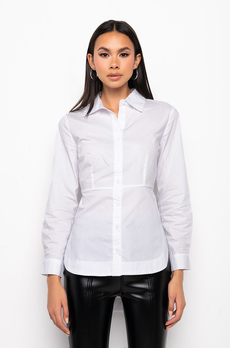 Back View Business As Usual Long Sleeve Button Down Blouse