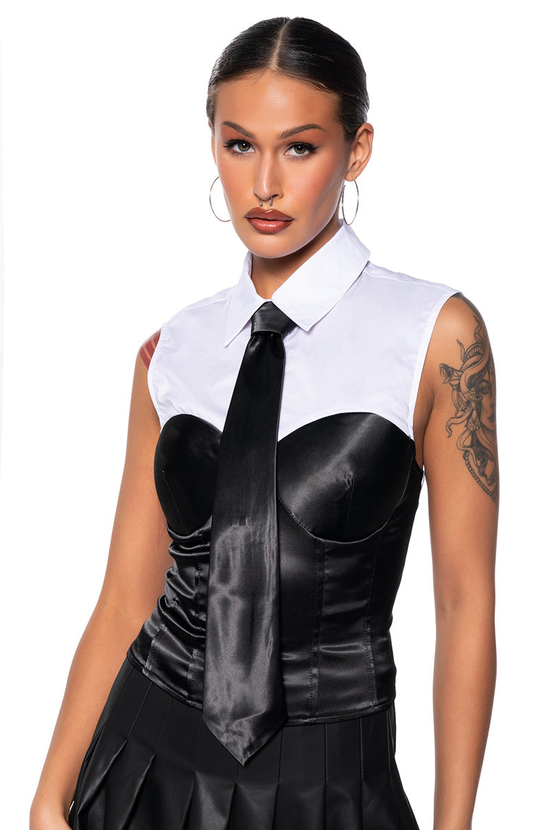 Front View Business As Usual Tie Detail Satin Blouse