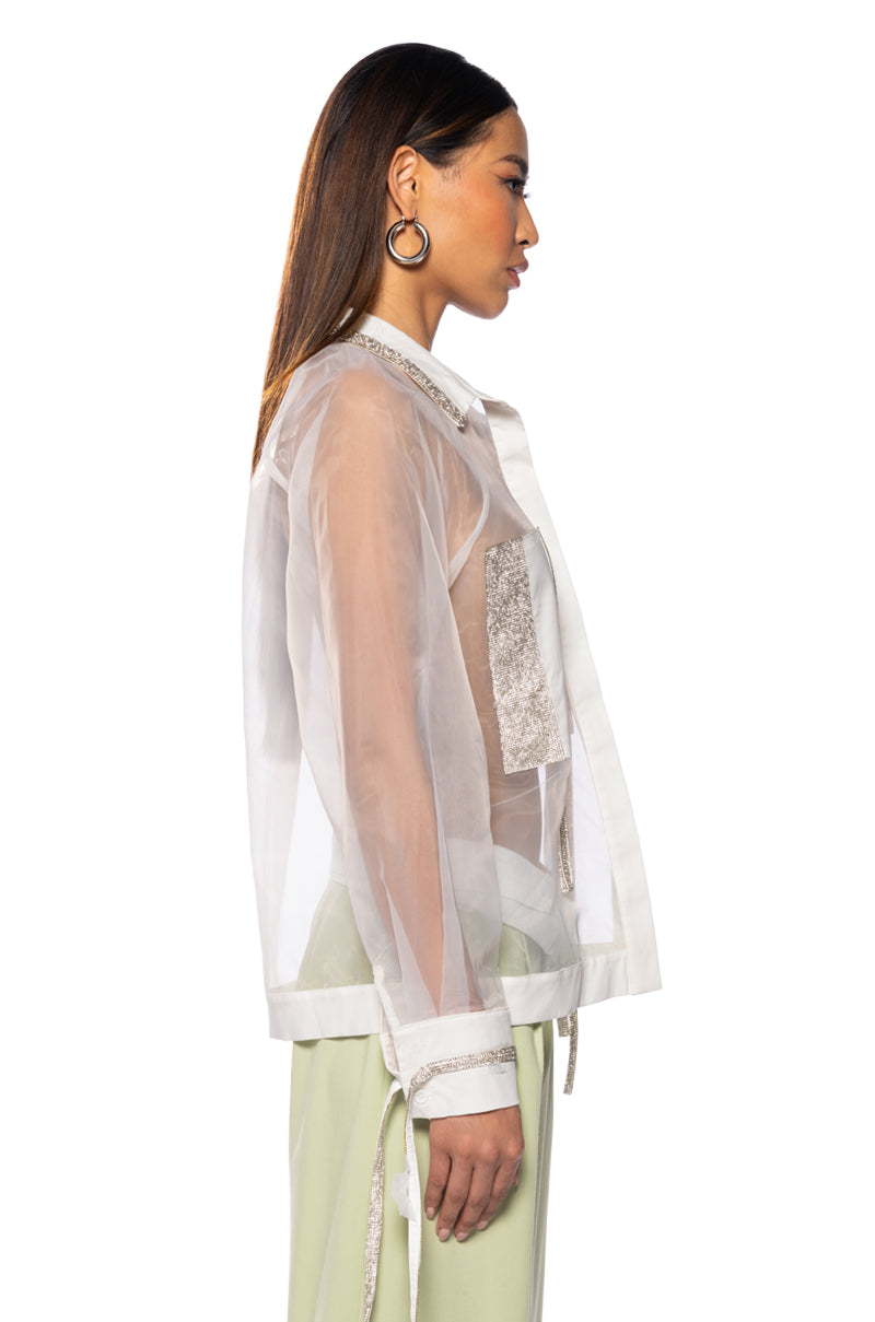 Back View Business In The Front Sheer Embellished Blouse