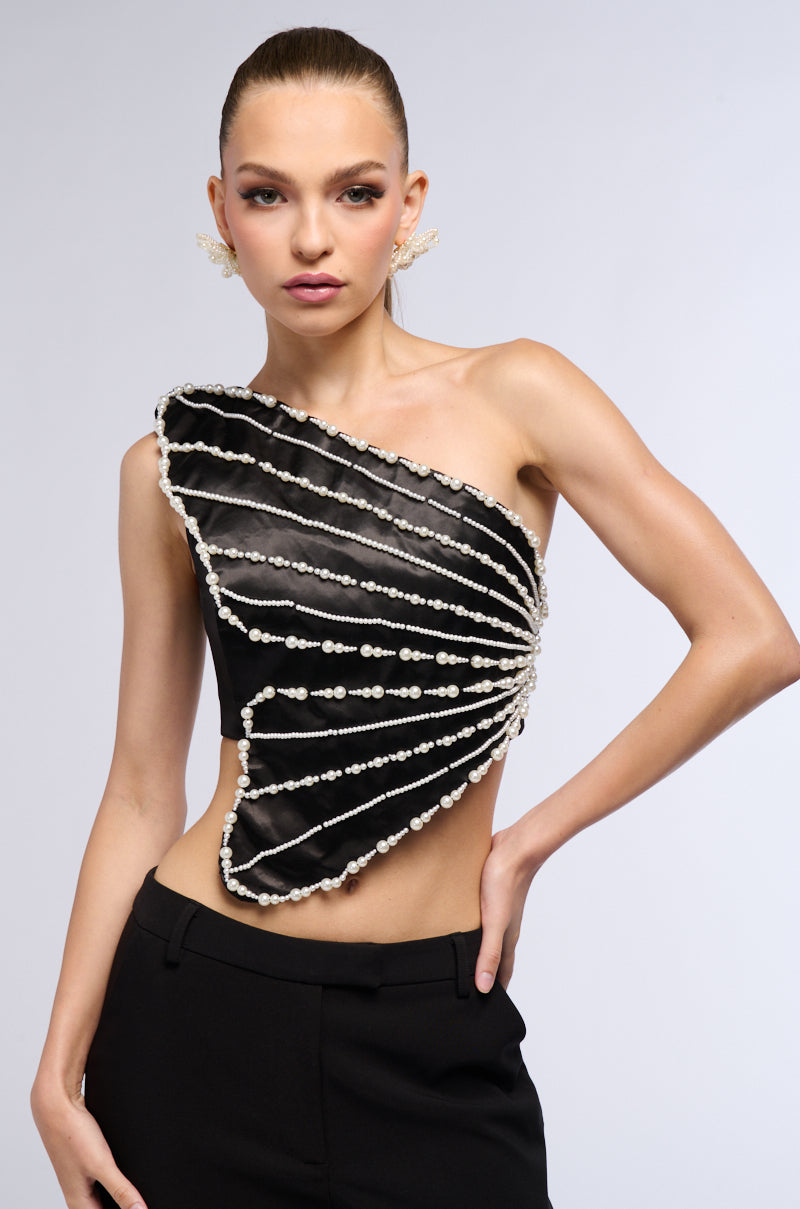 Front View Butterfly Dreams One Shoulder Satin Top 0