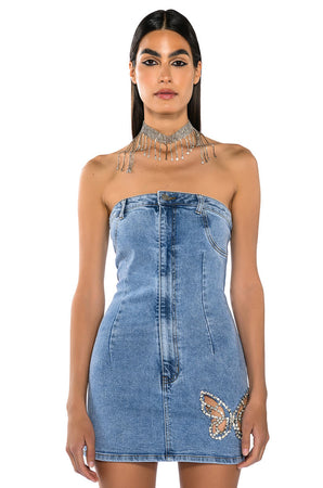 BUTTERFLY KISS EMBELLISHED DENIM MINI TUBE DRESS – AKIRA